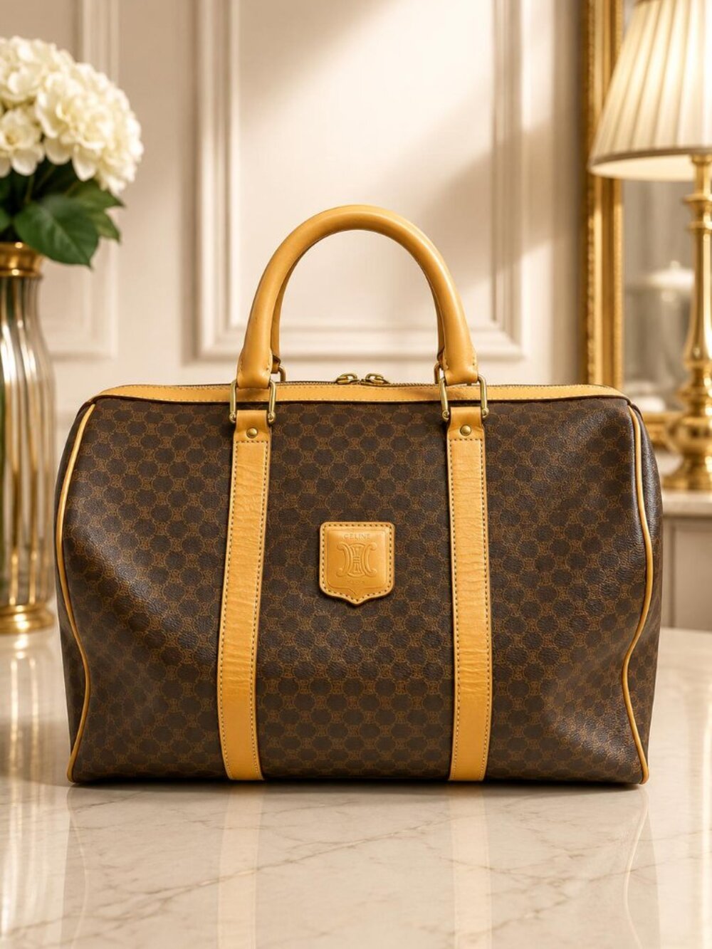 Authentic Celine Macadam Boston Bag Brown PVC Leather Weekender Duffle Bag